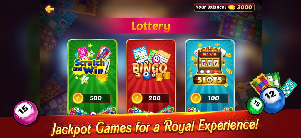 Pantalla de la aplicación Tambola King que muestra opciones de juegos de lotería, incluyendo Bingo Rasca y Gana y Tragamonedas