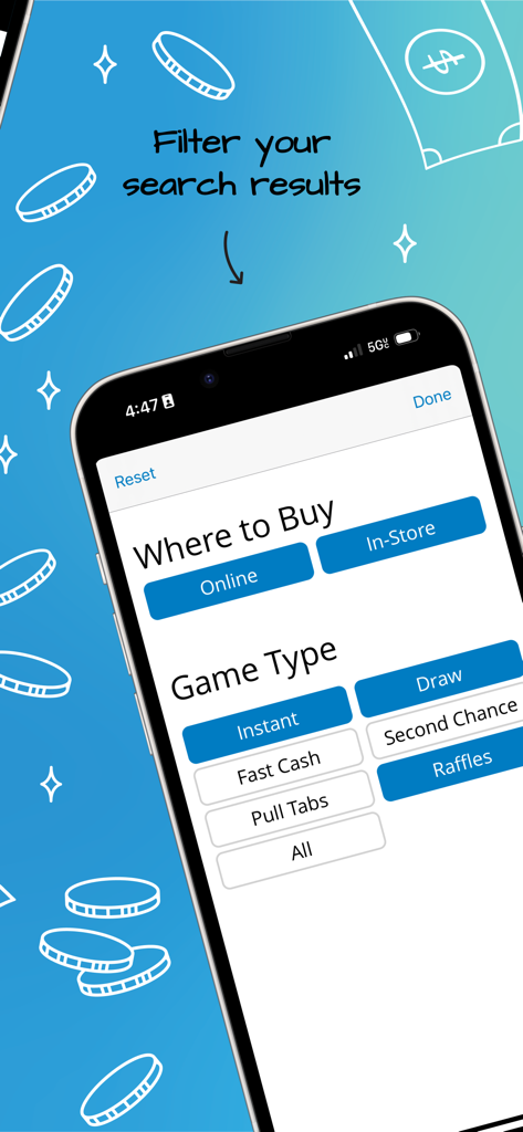 Michigan Lottery Mobile - Michigan Lottery app interface showing search filters for game types and purchase locations