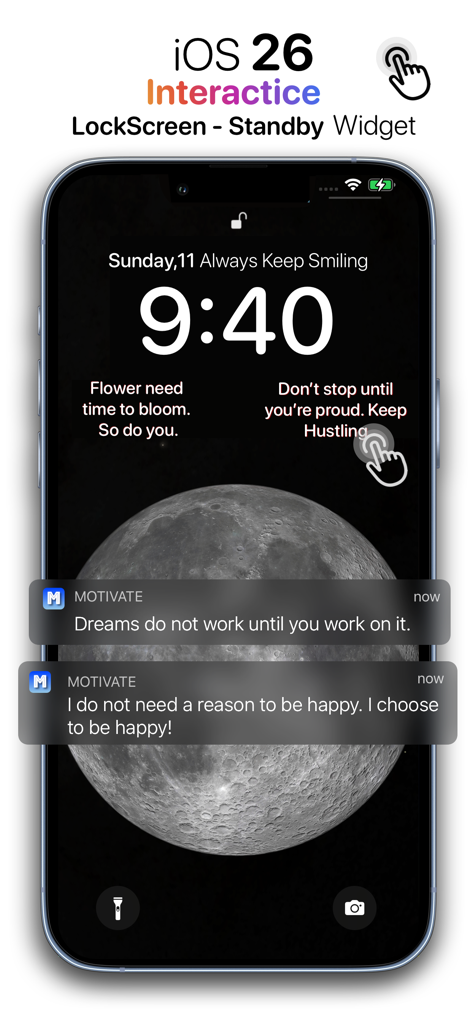 Motivation Daily Quote Widget - iPhone lock screen showing interactive motivation widgets and inspirational quote notifications