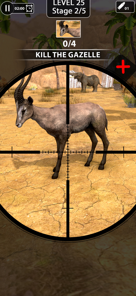 Animal Shooting: Wild Hunter - Vista de mira de francotirador apuntando a una gacela en el juego móvil Animal Shooting Wild Hunter.