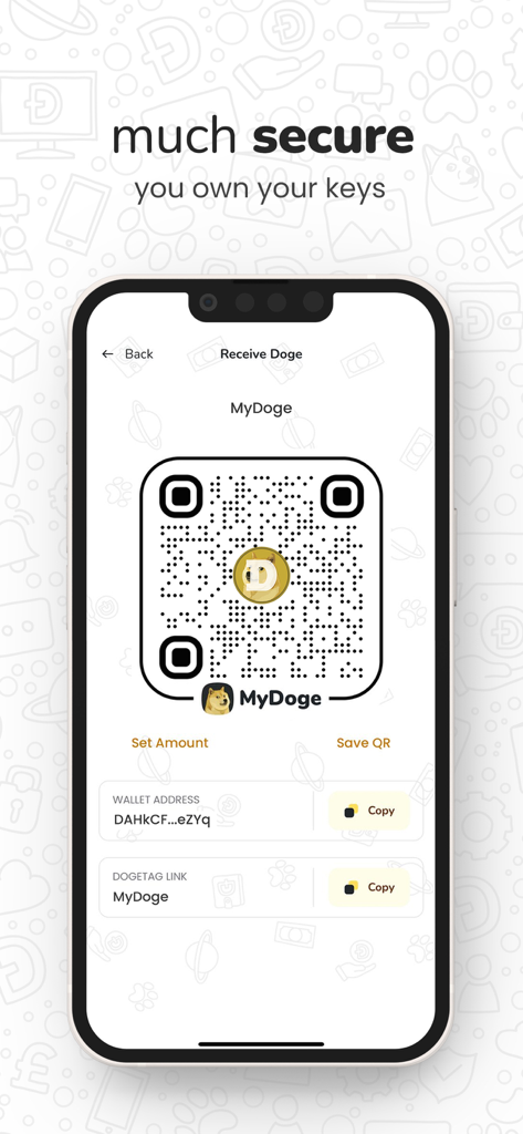 Dogecoinを受け取るためのQRコードとウォレットアドレスを示すMyDogeアプリのインターフェース。