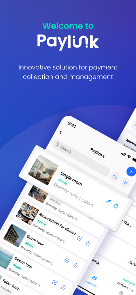 PayLink.am - PayLink mobile app interface showing a list of active payment links for various services