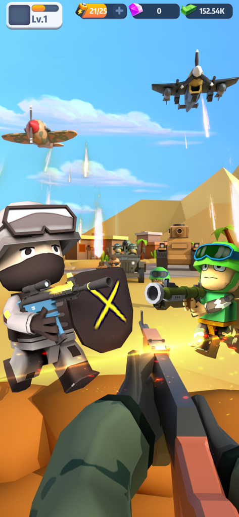 Jogabilidade de tiro em primeira pessoa em Melhor Espião mostrando um soldado lutando contra inimigos em um campo de batalha desértico.