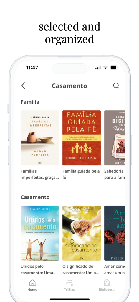 Pilgrim: audiobooks and ebooks - Pilgrim app interface showing a curated selection of Christian audiobooks and ebooks organized by categories like family and marriage