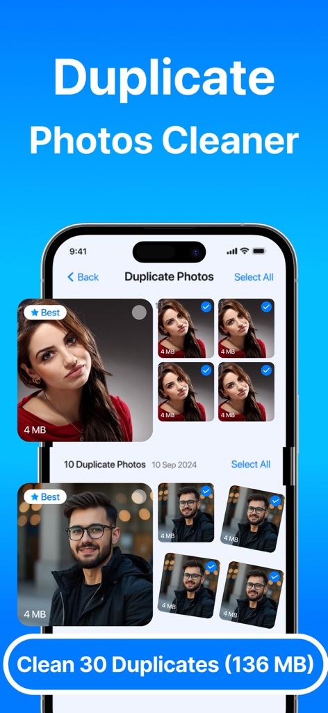 Safe Cleaner app interface identifying duplicate photos to free up iPhone storage space
