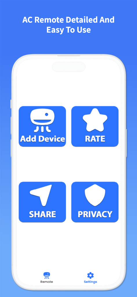 AC Remote & Air Conditioner - Settings screen of the AC Remote app featuring options to add device, rate the app, share, and view privacy policy.
