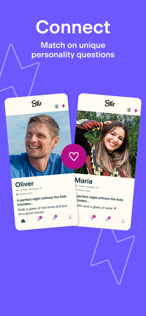 Due profili utente sull'app di incontri Stir che mostrano domande sulla personalità per genitori single.