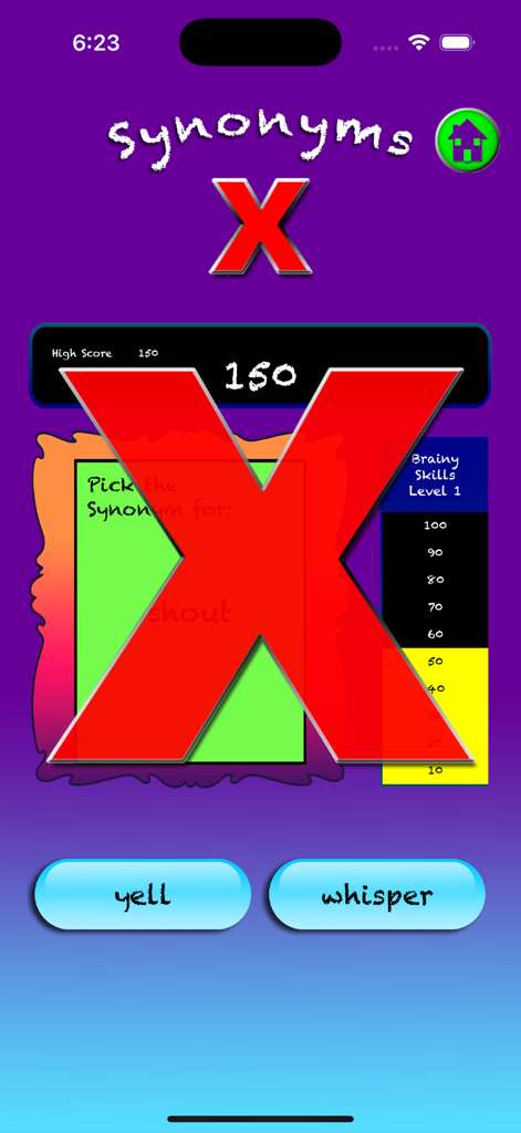 A synonym practice screen in Brainy Skills app showing a large red X feedback for an incorrect answer