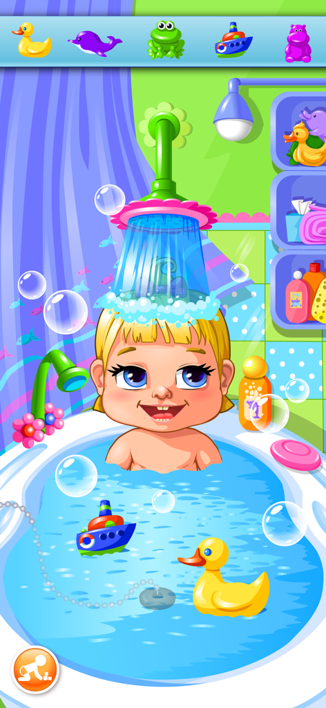 My Baby Care - Babysitter Game - A baby girl taking a bath with bubbles and toys in the My Baby Care game