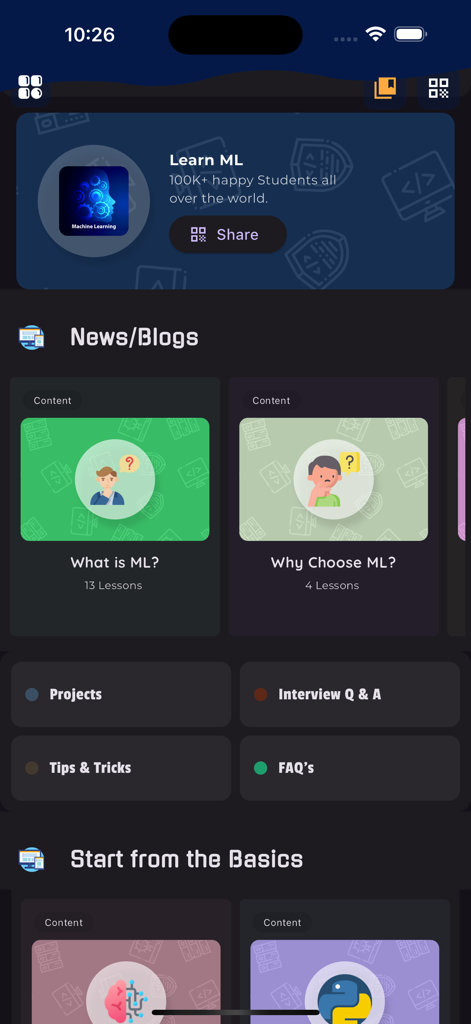 Home screen of the Learn Machine Learning PRO app featuring educational lessons, projects, and interview preparation resources.