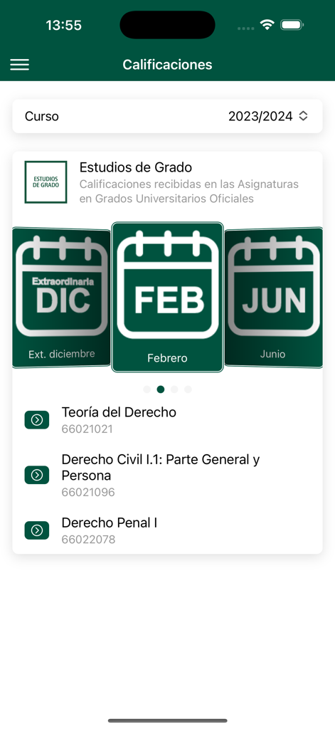 Calificaciones - UNED Calificaciones app screen showing degree subjects and exam periods.