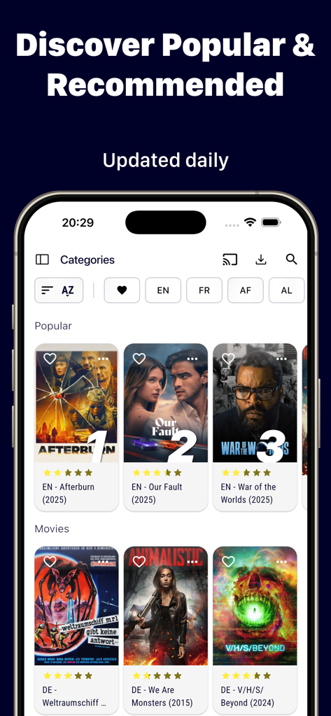 Discovery screen of IPTV One Player showing popular movies with ratings and posters.