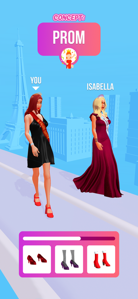 Fashion Queen: Dress Up Game - 에펠탑을 배경으로 한 캣워크에서 프롬 테마 패션 배틀에서 경쟁하는 두 명의 여성 캐릭터
