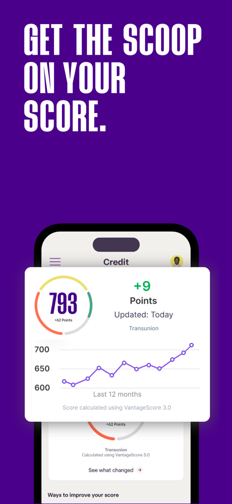 Ava: Build Credit History Fast - Interfaz de la aplicación Ava que muestra un puntaje crediticio de 793 y un gráfico de mejora del puntaje a lo largo del tiempo