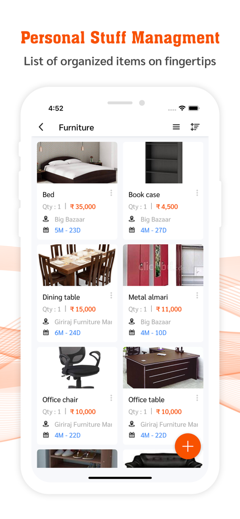 My Stuff Personal Organizer - Screenshot of the My Stuff app displaying a furniture inventory list with images and costs