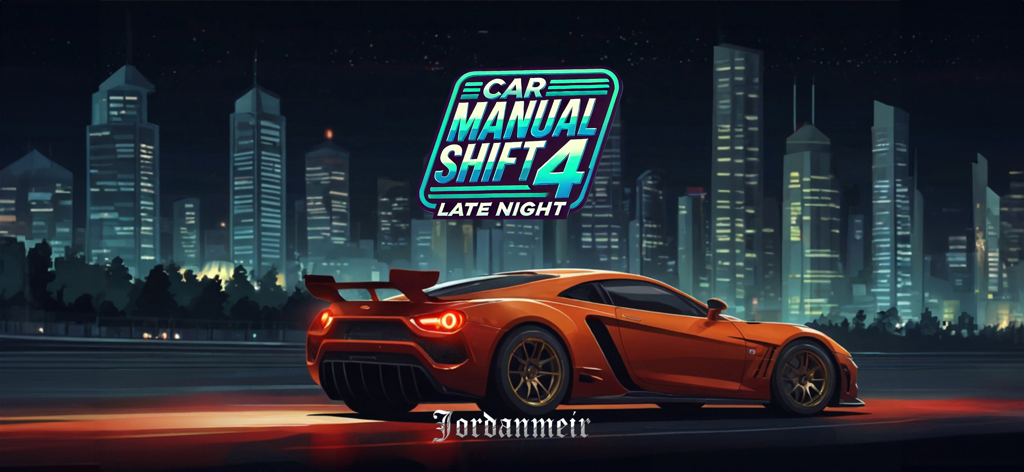 Car Manual Shift 4 - Orange sports car parked in front of a city skyline at night for Car Manual Shift 4 Late Night