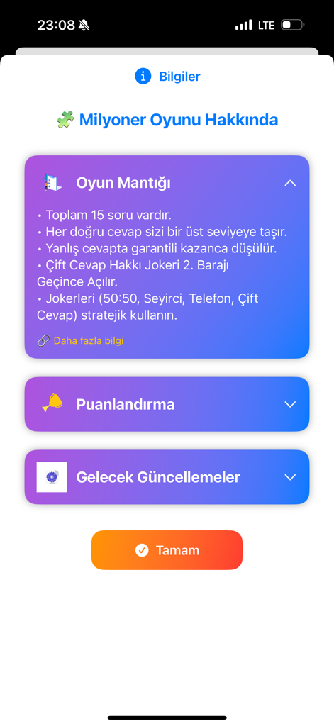 Milyoner App - A mobile app screen showing game rules and scoring information for the Milyoner trivia game