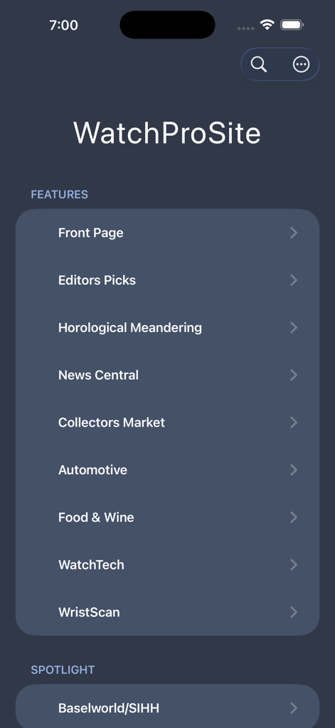 WatchProSite - Screenshot of the WatchProSite app features menu showing sections like Editors Picks and Collectors Market
