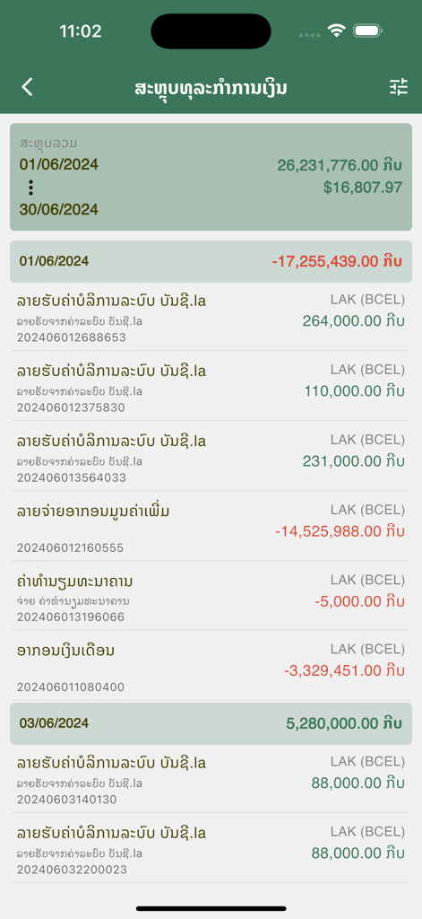bansi.la - A financial transaction history screen in the bansi.la app displaying income and expenses in Lao script and currency