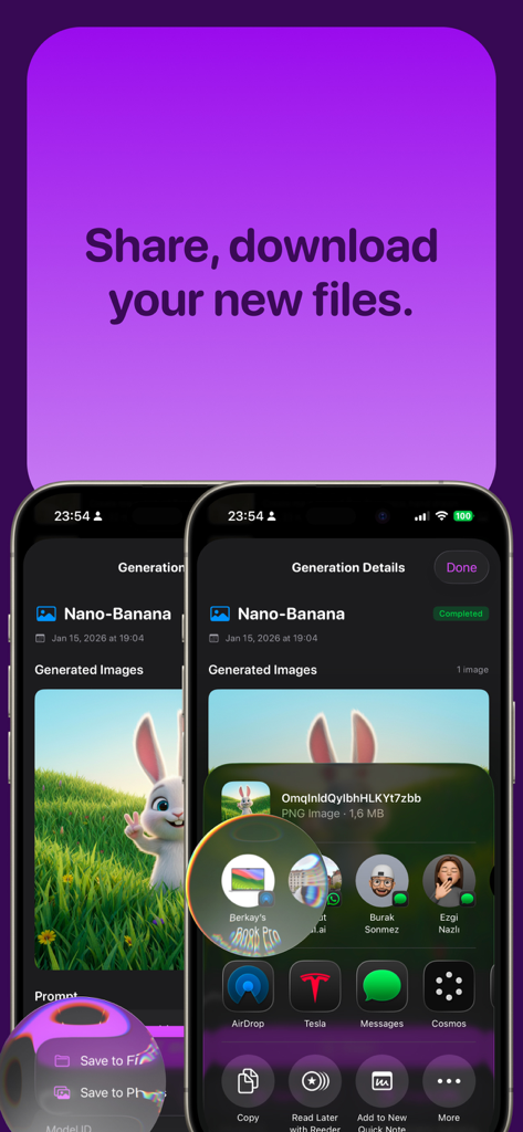 iPhone-Oberfläche der Fortune AI Playground App, die das Freigabeblatt zum Exportieren eines generierten Bildes eines Kaninchens anzeigt.