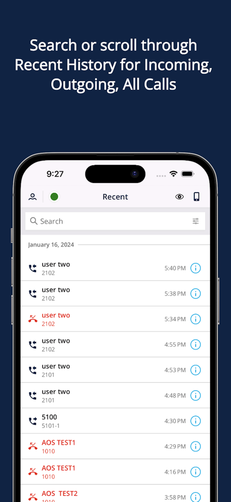 Unigy Mobile Client - Unigy Mobile Client recent call history screen showing a log of incoming and outgoing calls with timestamps and contact names for financial traders