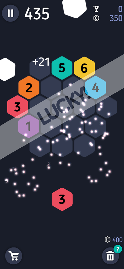 Make7! Hexa Puzzle - Make7 Hexa Puzzle gameplay showing numbered hexagon blocks and a Lucky message overlay