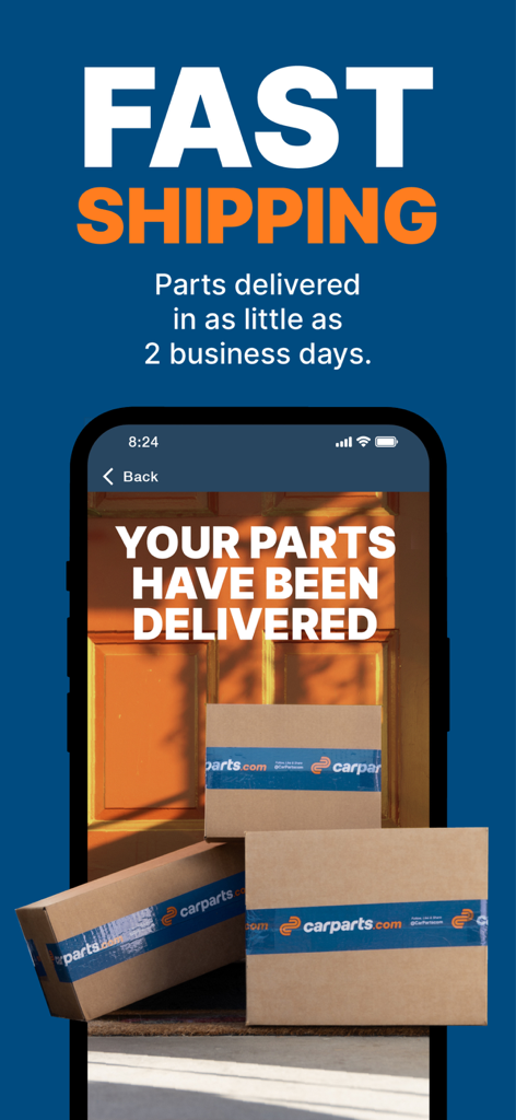 CarParts.com - CarParts.com app screen promoting fast shipping with packages delivered to a doorstep