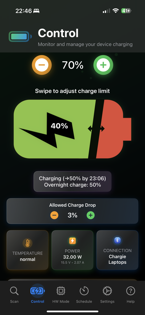Écran de l'application Chargie affichant les limites de charge de la batterie et les outils de surveillance.