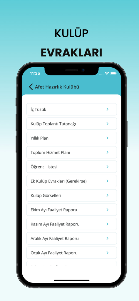 Mobile app interface showing a list of administrative files and reports for a school club