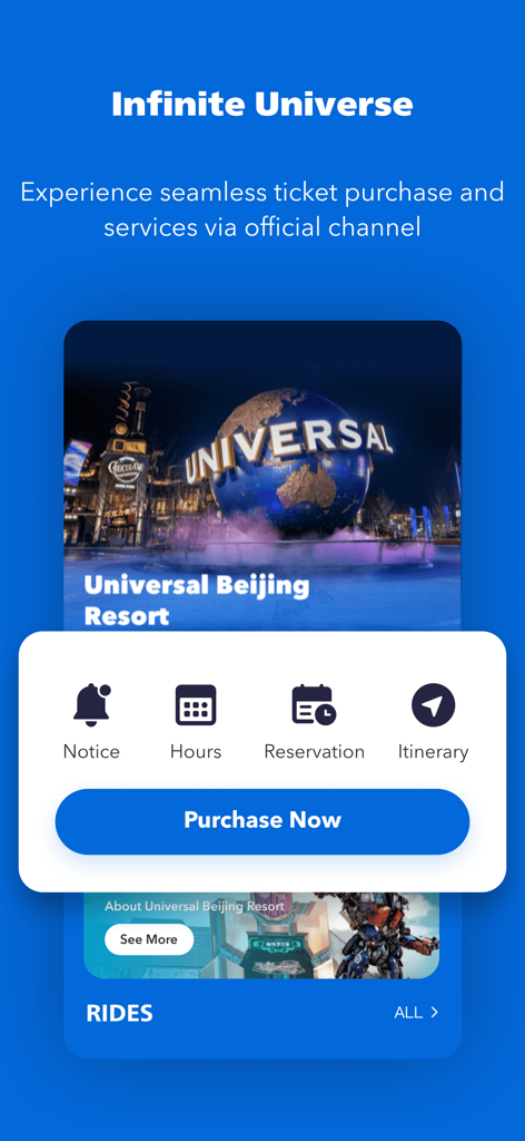Écran d'accueil de l'application Universal Beijing Resort présentant le globe emblématique et les icônes de services du parc, y compris les billets et les réservations.