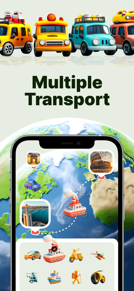 Tela de smartphone mostrando um globo 3D com uma rota de viagem animada e uma seleção de ícones de veículos fofos para transporte.