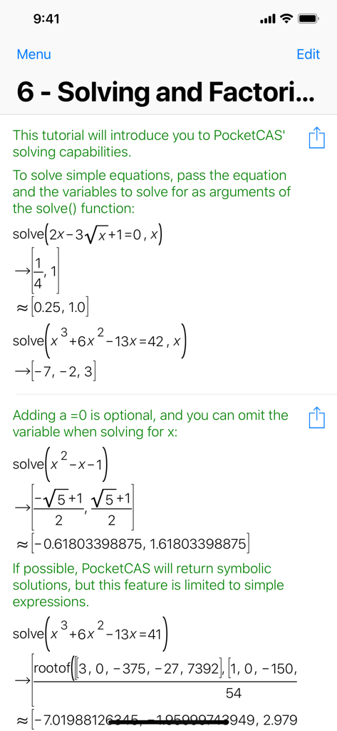 Mathematics with PocketCAS Pro - PocketCAS Pro mobile app interface showing algebraic equation solving and factoring with symbolic results