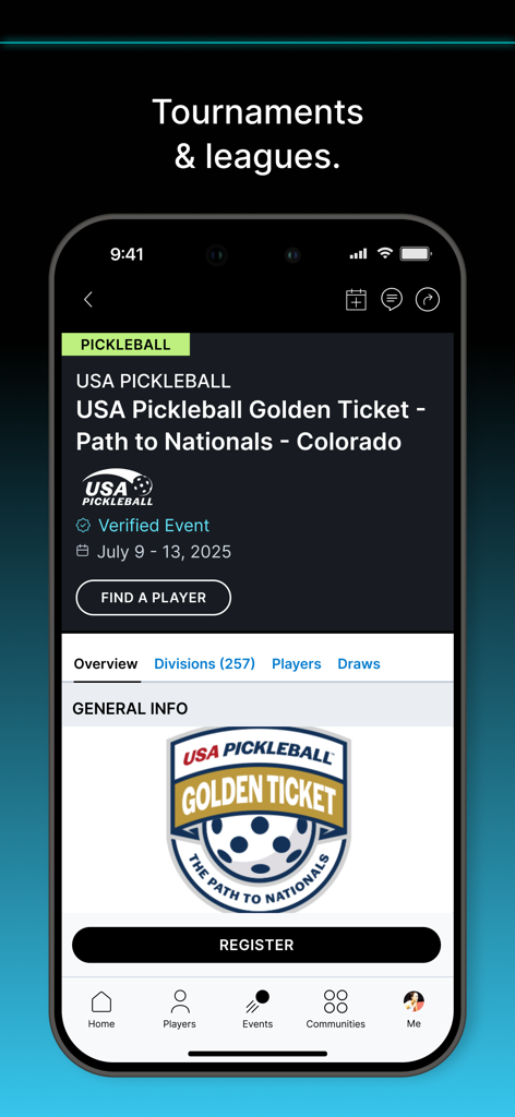 UTR Sports - Screenshot dell'app mobile UTR Sports che mostra una pagina di evento del torneo USA Pickleball con un pulsante di registrazione