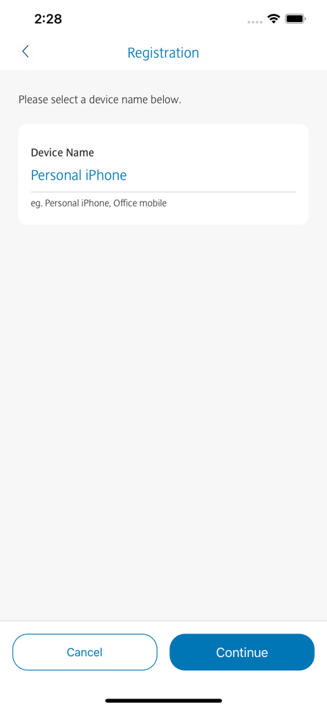 Barclays Corporate - Ein Bildschirm zur Geräteanmeldung in der Barclays Corporate App, auf dem Benutzer ihr Gerät benennen können, z. B. Personal iPhone.