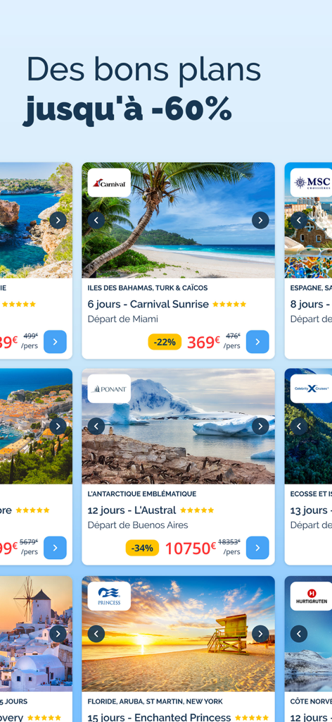 Abcroisiere - Pantalla de la aplicación móvil Abcroisiere mostrando varias ofertas de viajes en crucero para destinos como las Bahamas y la Antártida con descuentos de hasta el 60 por ciento.
