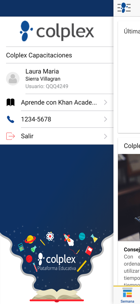 Interfaz de la aplicación de gestión escolar Colplex que muestra el perfil del usuario y el menú educativo en español