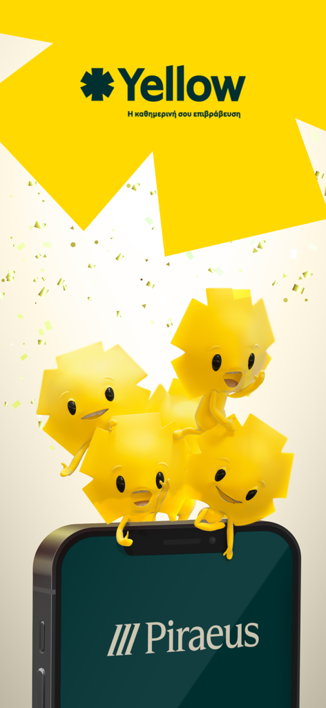 yellow - Promotional screen for the Yellow loyalty app by Piraeus Bank featuring yellow star-shaped mascots on a smartphone.