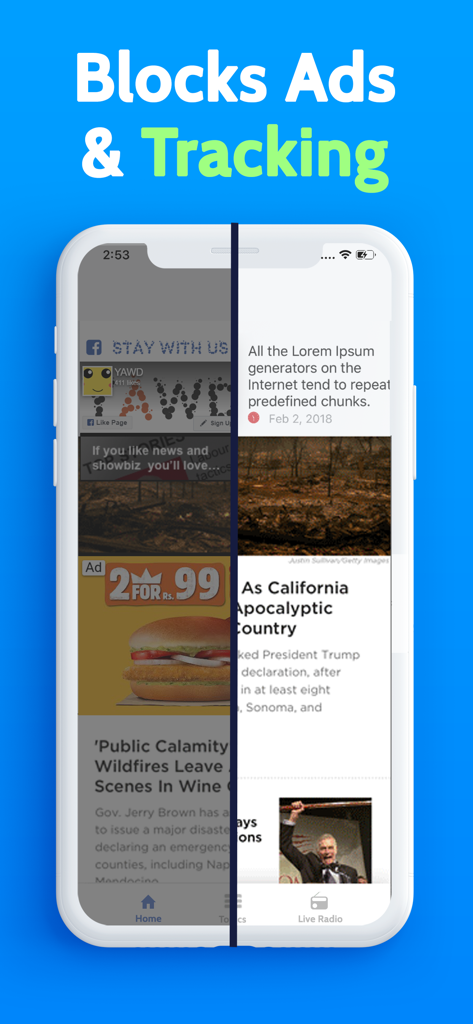 Naka AdBlocker VPN - Naka AdBlocker VPN을 사용하여 모바일 브라우저에서 광고 및 추적기가 제거된 화면 비교