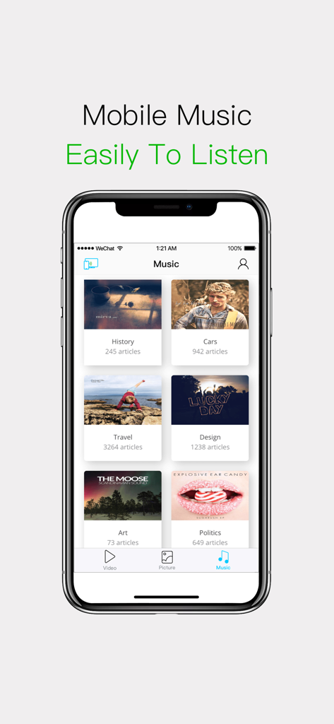 FastCast. - FastCast app interface showing music categories for casting from mobile to TV screen