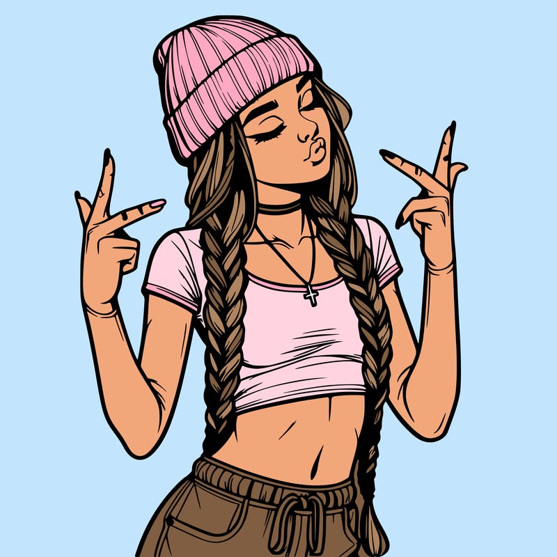 realistic teenage girl with braids and a beanie and crop top doing 🫶🏼