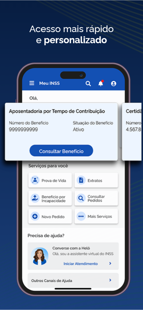 Interface do aplicativo Meu INSS mostrando um cartão de benefício de aposentadoria e uma lista de serviços de previdência social, como prova de vida e extratos