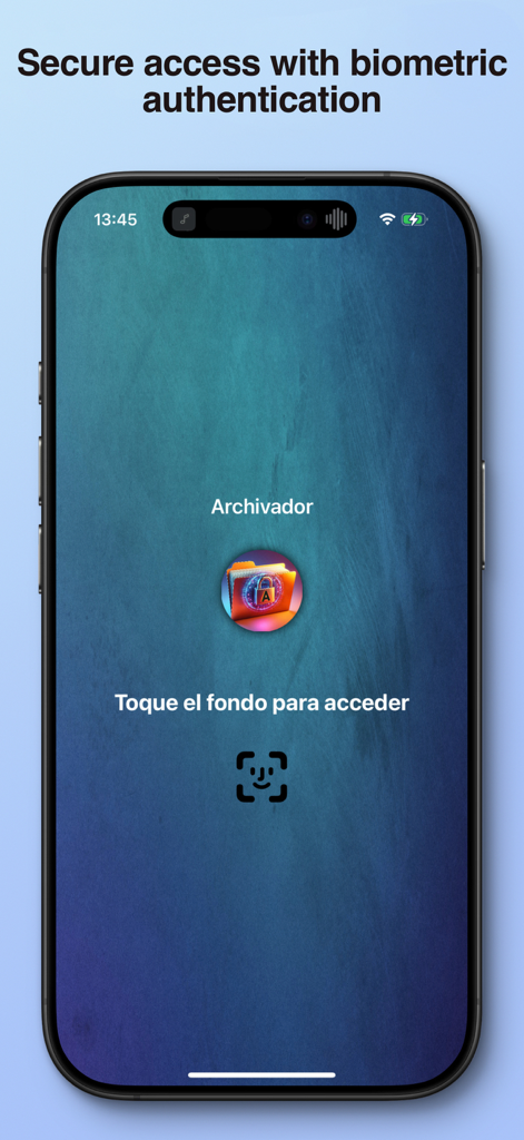 Archivador - Pantalla de inicio de sesión de la aplicación Archivador mostrando autenticación biométrica con un icono de Face ID para acceso seguro a datos