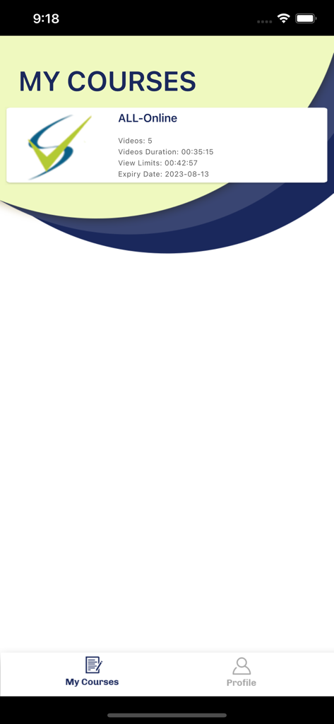 DTH Player - DTH Player app displaying the My Courses section with a summary of an online video course including duration and expiry date