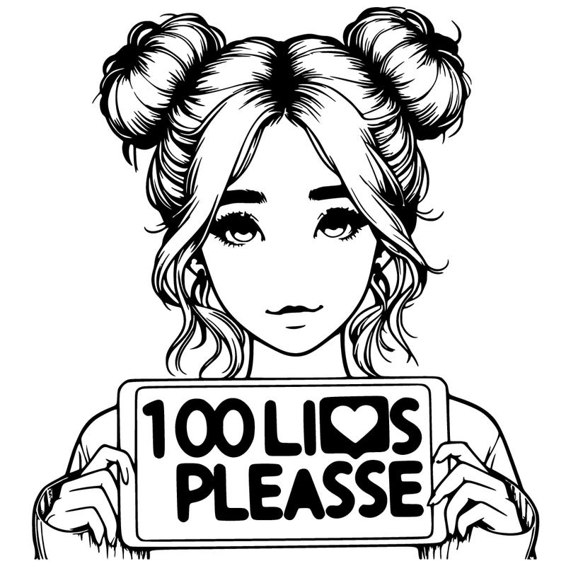 realistic girl with buns in her hair with a sign that says 100 likes please