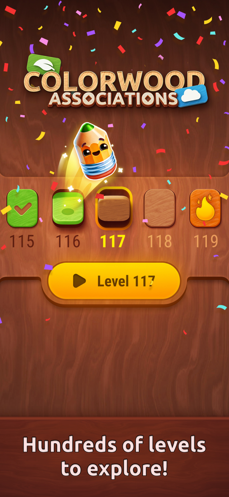 A level selection menu in Colorwood Associations word game with a wood background and cute character.