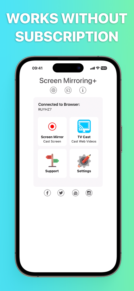Screen Mirroring App-Oberfläche auf dem iPhone, die ihre Keine-Abonnement-Funktion hervorhebt