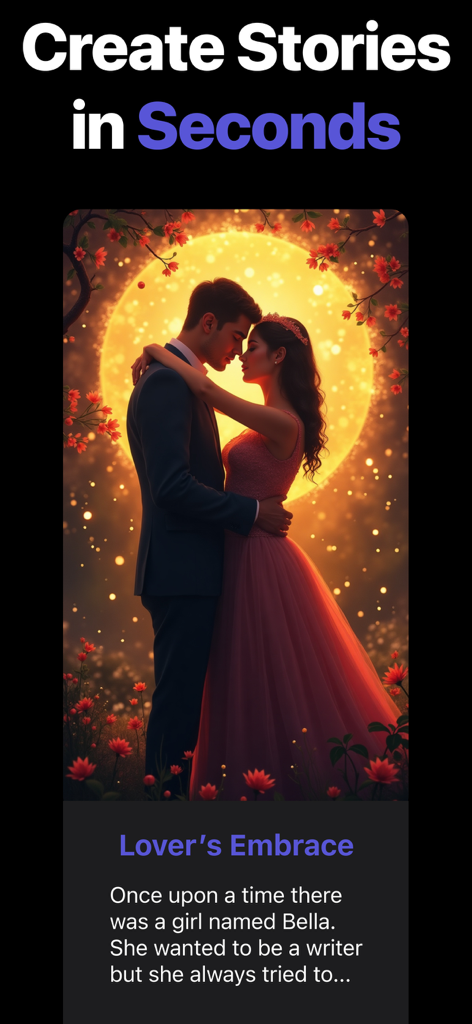 Story Generator: Novel AI - AI story generator app interface showing a romance story titled Lovers Embrace.