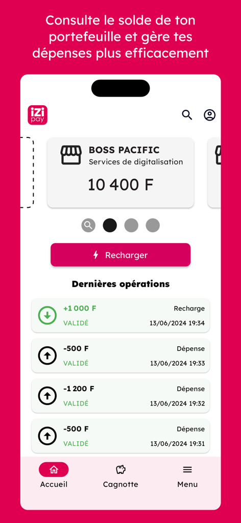 iZipay Pacific - Interfaz de la app iZipay Pacific mostrando el saldo de la billetera y el historial de transacciones