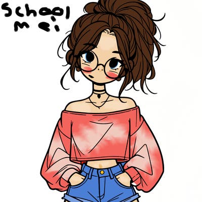 girl with a messy ponytail glasses a baggy crop top and jean shorts