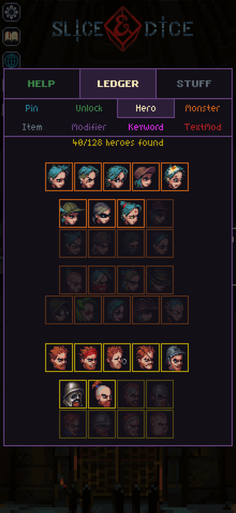 Slice & Dice - Slice and Dice Helden-Ledger-Bildschirm, der eine Sammlung freigeschalteter Pixel-Art-Charaktere zeigt